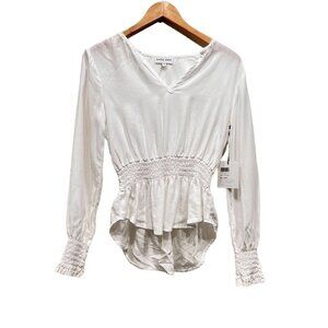 Bella Dahl NWT White V-Neck Long Sleeve Pullover Smocked Blouse Top Size XS